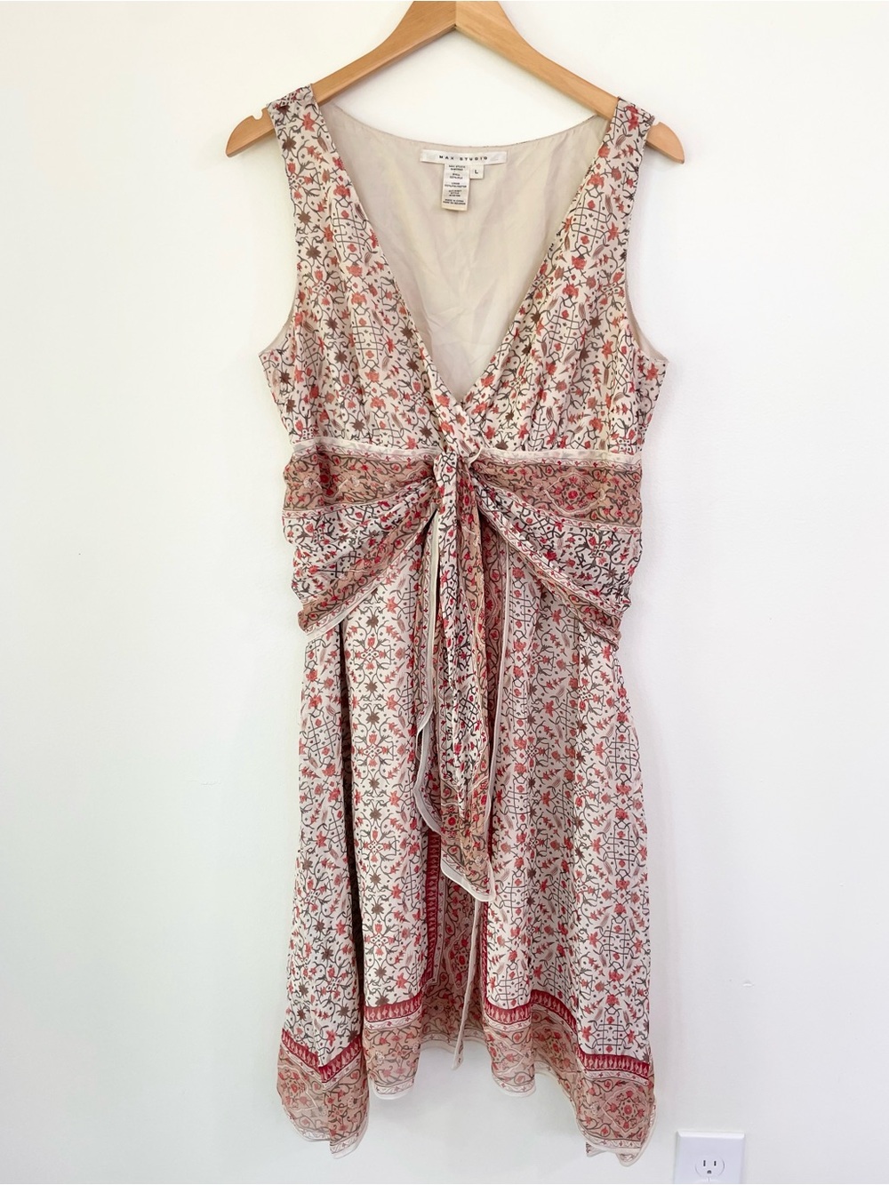 Max Studio 100% Silk Vneck Front Knot Midi Dress Sz L Large Floral Fairy Flowy